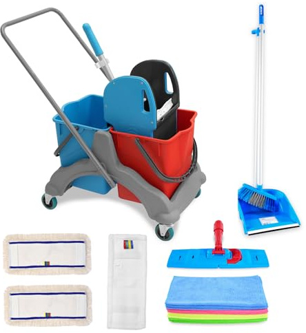 Hypafol Putzwagen Reinigungswagen Set | 2 x 25 l Eimer mit Wischmopp-Presse und Kehrgarnitur | inkl. 2X 40cm Baumwoll Wischmopp, 1x Mikrofaser-Mopp | je 4 Mikrofasertücher in rot, gelb, grün, blau