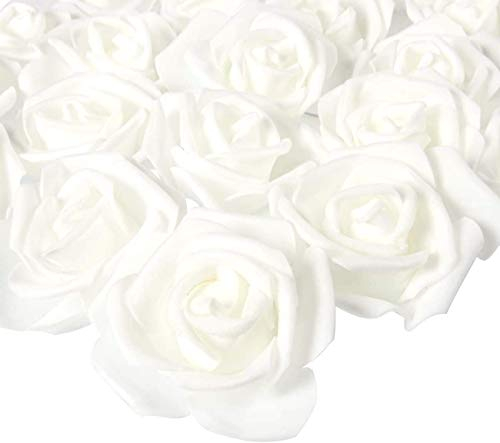 50er Schaumrosen Künstliche Blumen Rosenköpfe Rosenblüten Rosa Foamrosen zum Basteln Brautstrauß DIY Party Hause Hochzeit Deko (Weiß) (Weiss)