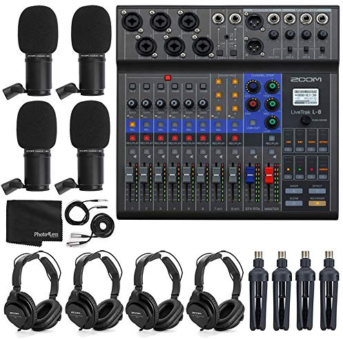 Zoom LiveTrak L-8 Mezclador digital portátil de 8 canales y grabadora multipista + 4 micrófonos Zoom ZDM-1 con auriculares, parabrisas y soportes + paño de limpieza, paquete de podcasting para 4