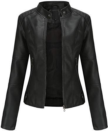DISSA Blouson moto femme simili cuir court col montant,EU 38-48 | manches segmentées,poignets zippés,poches inclinées,sortie décontractée,coutures renforcées,tissu léger