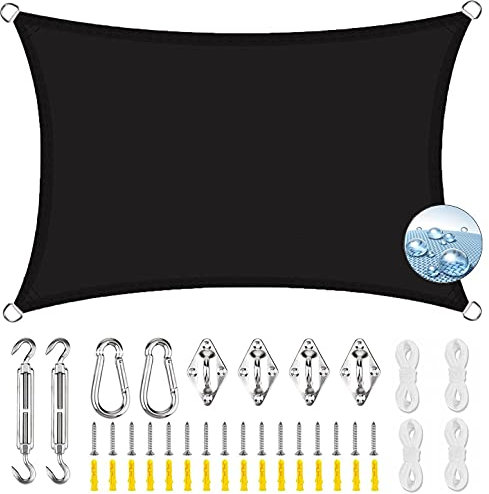 ERPENG Rechteck Sonnensegel Baldachin 5x6m Wetterfest,95% UV Schutz Balkonverkleidung mit Seilen und Befestigungs Kit Hochwertigem Polyester für Balkon Garten Markise Zaun, Schwarz