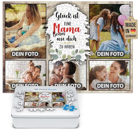 Foto-Puzzle mit 5 Fotos Bedrucken - Glück ist eine Bonusmama wie Dich zu haben - Collagen-Puzzle selber gestalten für die Bonusmama - 500 Teile inkl. hochwertiger Metalldose