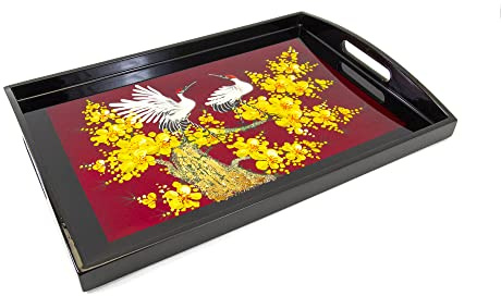 Art Saigon Plateau en Bois Laqué Rouge et Noir “Grues et Fleurs de Cerisier”, Fait Main, L35 x 24cm - Plateau de Service avec Poignée - Artisanat du Vietnam et Déco Asiatique (S39-4959-35)