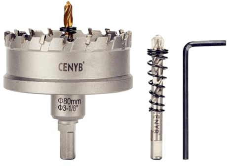 CENYB 3-1/8 Zoll, 80mm Lochsäge Hartmetall-Bohrer mit Wolframkarbidspitzen und 2 Titan-beschichtete Führungsbohrer, geeignet für Hartmetalle und Kunststoffe.