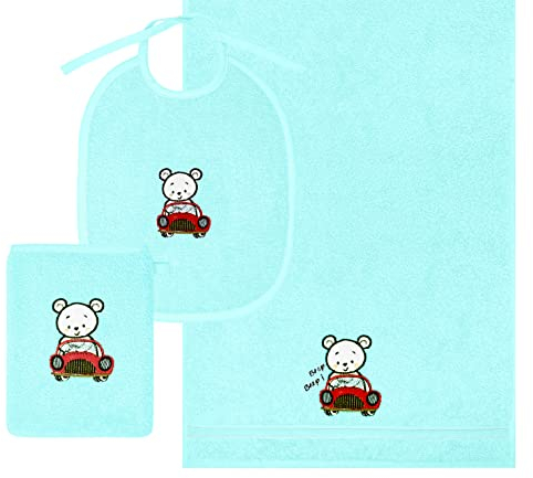 Lashuma Babyhandtücher Set mit Stick: Auto, je 1x Handtuch - Waschhandschuh - Lätzchen, Jungen Geschenkset blau