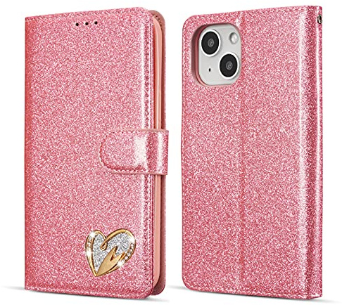 QLTYPRI Wallet Case for iPhone 14, Glitter PU Leather Case TPU Bumper Card Holder Kickstand Wrist Strap Inlaid Heart Diamond Flip Folio Cover for iPhone 14 - Pink