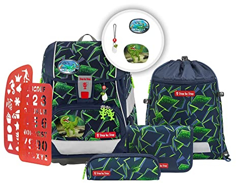 Step by Step Schulranzen-Set 2IN1 Plus „Wild T-Rex Taro“ 6-teilig, ergonomischer Tornister, höhenverstellbar mit Hüftgurt, für die Grundschule, ab der 1. Klasse, 19L, grün-schwarz, Dino-Design