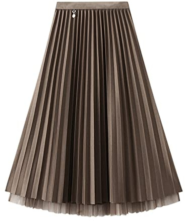 Jemsia Damen Wende-Tüllrock, Midi, A-Linie, elastisch, hohe Taille, elegant, plissierter Ballett-Abschlussball-Partyrock mit Ornament, braun, Einheitsgröße