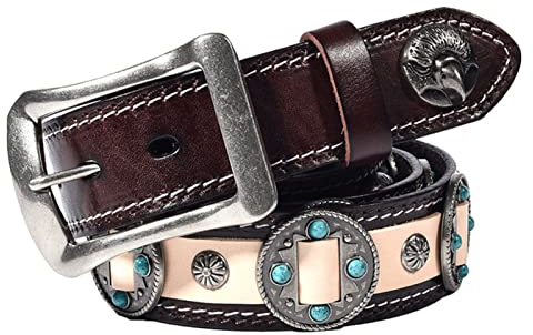 Punk Rock Türkis Inlay Blumen Nietengürtel, Damen Herren Western Ledergürtel Gothic Silber Adlerkopf Nieten Kreis Leder Jeans Taillengurt(105cm/waist:34~36, Brown)