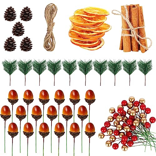 104 Stück Weihnachten Kranz Machen Zubehör Tannenzapfen Künstliche Beeren Zimtstangen Künstliche Tannenzweige Orangen Scheiben Eicheln Zubehör DIY Handwerk Weihnachten Dekoration (104Pcs)