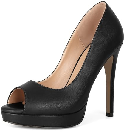 Joseywade Platform Stiletto Heels Women's Peep Toe Thin Sky High Heel Pumps 5 Inch Party Dance Dressy Slip On Shoes for Work Office Casual Party Matte Black US Size 8.5