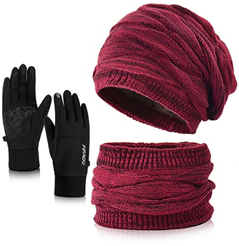 29 IYEBRAO Wintermütze Schal Handschuhe Sets Damen,Weichem Strickmütze Schal,Touchscreen Handschuhe,Warme Beanie Mütze Winter Set mit Fleecefutter für Ski