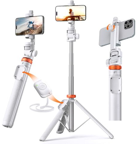 Newest 62” Phone Tripod with Remote, tripod for iPhone & Selfie Stick, High Strength Legs & Extendable Tube Travel Tripod Stand, Solidest Cell Phone Tripod Compatible with iPhone/Android/Camera(White)