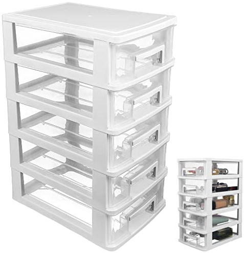 DOITOOL Aufbewahrungsbox Mit 5 Schubladen Kunststoff-Schubladen-Organizer Schreibtisch-Schubladen-Organizer Für Bastelarbeiten Nähzubehör Schreibwaren Und Hardware (Weiß)