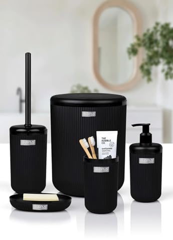 Badezimmer Zubehör Badezimmer Zubehör Set Luxus Modern Bad Zahnbürstenhalter Becher Qtip Halter Toilettenbürste Seifenschale Mülleimer Seifenspender (5er Set, Schwarz)