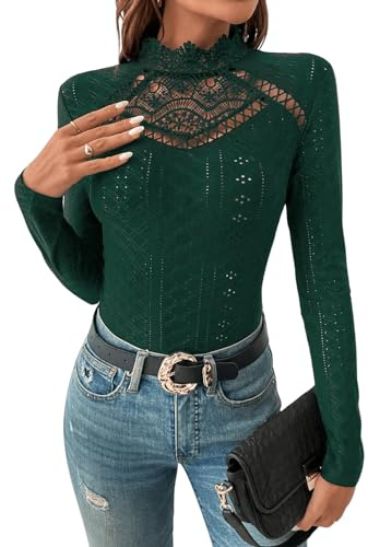 GORGLITTER Damen Bodysuit Elegant Bodies Stehkragen Öse Stickerei Bodys Langarm Body mit Spitzeneinsatz Dunkelgrün S