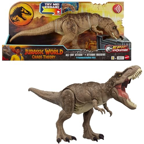 Mattel Jurassic World: Die Chaostheorie Netflix - All-Out Attack Tyrannosaurus Rex Dinosaurier Actionfigur-Spielzeug, T-Rex mit Stampfattacke, Beißen und Brüllen & hochentwickelten Kampfstacheln,HXF54