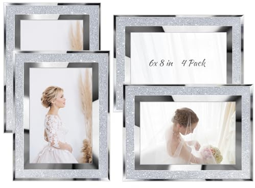 Queekay 4 Pack Glitter Wedding Picture Frame 6 x 8 Crystal Silver Glass Bling Photos Display Frame for Wedding Gift Wall and Tabletop Display Home Decor