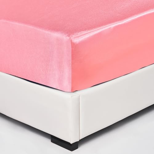Wotcsil Satin Spannbettlaken 90x200cm Rosa für Matratze Boxspringbett Topper bis 30 cm Satin Seide Spannbetttuch Bettlaken Elastisch Deluxe Unifarben Spannbetttuch Polyester-Satin