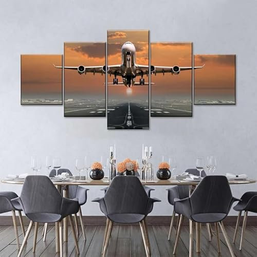 WKXTECZT Leinwand Bilder 5 Teilig Abflug Flugzeug in der Abenddämmerung Wandbilder Wohnzimmer Modern Bilder, Poster, Kunstdrucke Büro Flur Bad Küchebilder -Ungerahmt