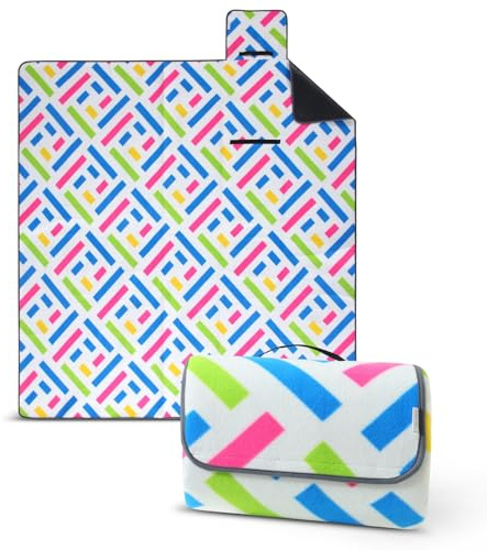 wometo eco-line nachhaltige Picknickdecke XXL 200x200 Grafik blau pink grün | 100% recyc. Fleece isoliert waschbar Outdoor gesteppte Campingdecke Stranddecke wasserdicht wasserabweisend