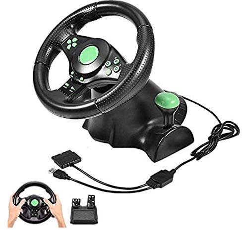 RajoNN Volante de Carreras para PC, Controlador de Volante de Juegos con Pedales, Compatible con Xbox 360, PS2, PS3, PC (USB, Vibración Dual)