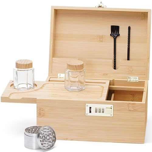 Youpehom Large bamboo box, locked storage decorative box with combination lock, wooden lock box with lid, wooden locked storage box with removable tray and jars