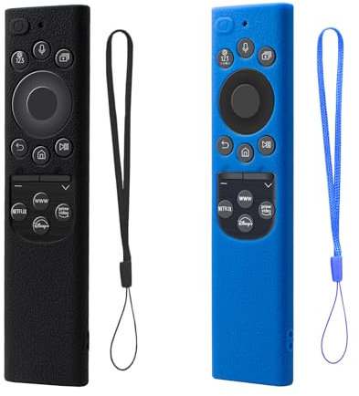 Paquete de 2 fundas de silicona antideslizantes para control remoto Samsung Smart TV (2021/2022) BN59-01357/01385/01265A, a prueba de golpes, con cordón antipérdida (azul real + negro)