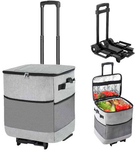 ZHJINGYU Sac Isotherme Grand avec 2 Roues Pliable Glacière Souple Isotherme Sac Pique Nique pour Courses 40L | Chariot de Courses 3en1 Chariot à Sac