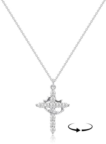 GAUEIOUR Cross Necklaces Rotating Crown for Women Cute Dainty Silver Alloy Crystal Pendant Necklace Trendy Simple Jewelry Presents for Friends Girfriends