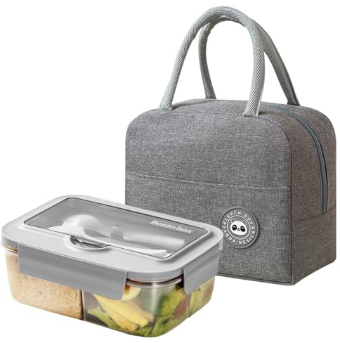 BRYN Fiambrera hermética con bolsa térmica para el almuerzo, Bento Lunch Box Microondas con asa, fiambrera con compartimentos y cubiertos, para picnic, camping, fitness, escuela, oficina (gris)