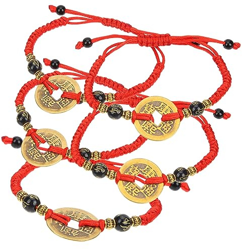LIFKOME 5pezzi Braccialetto Filo Rosso e Monete di Rame Cinesi Intrecciato per Uomo Donna Facile da Indossare e Togliere dal Polso senza Slacciare le Chiusure