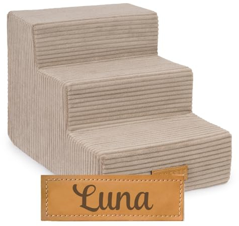 Petsen Sofatreppe für Hunde und Katzen – Hundetreppe für Bett & Sofa – 3- oder 4-stufig, rutschfest & waschbar – mit Hundename (Kord beige, 3-stufige)