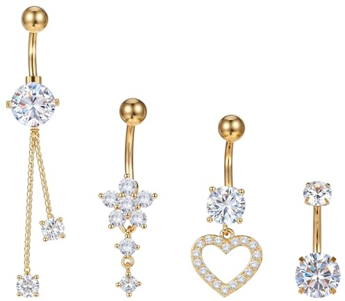 HJZHII Lot de 4 piercings de nombril en argent sterling 14 G en acier inoxydable argenté - Bijou de nombril en forme de cœur élégant - Arc papillon - Fleur - Anneaux de nombril pour femmes et hommes