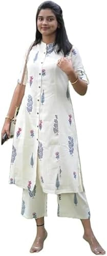 Sambhav Quilt Hub Donne Cotone Stampa a Mano a Blocchi Ufficio Indossabile Kurta con Pantaloni, Crema, Large
