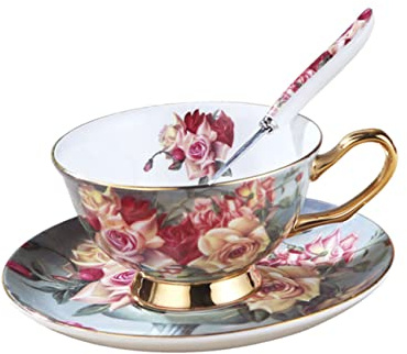 ABOOFAN Set Tazza da Caffè 220ml in Ceramica con Piattino e Cucchiaino | Bordo Liscio senza Bave, Adatto per Bevande Calde, Stile Europeo per Casa