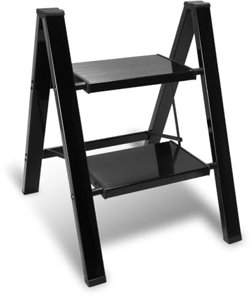 Peviasot Trittleiter, Klapptrittleiter 2 Stufen Klappbar, Leicht Stehleiter, Aluminium Tritthocker, rutschfeste Leiter mit Klappsicherung, Klappleiter für Haushalt, Küche, Belastbar bis 150kg, Schwarz