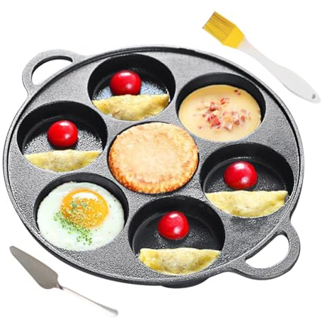 Generico Pannake padella, 12 pollici padella di ferro in ghisa, strumento con design a 7 buche per cucinare la colazione in crepa per la cottura in cottura al fuoco esterno BBQ pesante e duratura di