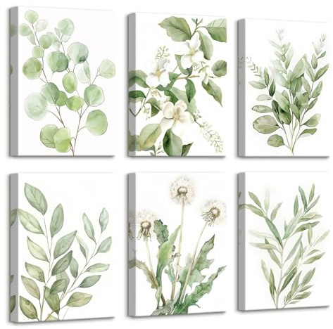 6Pcs Stampa su tela Con Cornice Foglia di Eucalipto Verde Chiaro Pittura Fiori Minimalista Quadri su tela Poster da parete Pianta Botanica Quadretti Quadri Moderni Soggiorno Camera da letto 20x30cm x6