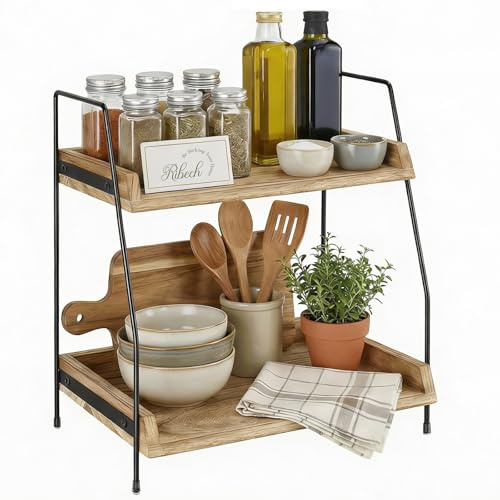 Ribech Scaffale Organizzatore a 2 Livelli | Ripiani in Legno e Struttura in Ferro per Cucina, Bagno o Angolo Bar | Per Caffè e Cosmetici | Facile da Montare, Marrone