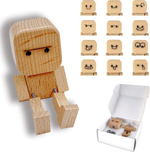 Maslasee Charming Handmade Shaking Wooden Man Figurine, Funny Desk Accessories & Car Decor - Wooden Man with Wobbly Legs and 12 Faces, Wooden Figure with Shaky Legs, Unique Gifts for Home & Office