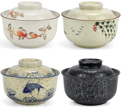 Malloom 4 Pack Ceramic Ramen Bowl Set, 800ml with Lid, Japanese Vintage Large Soup Bowls Instant Noodle Bowl Asian Tableware