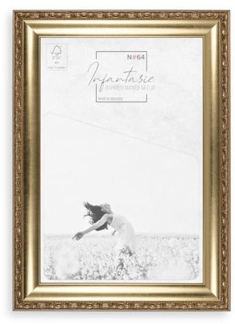 Infantasie 'N#64' Barock Bilderrahmen 17x24 cm | Gold | Antik Vintage Massivholz Fotorahmen handgefertigt in Deutschland - bruchsicheres Acrylglas & Metall Wandaufhänger