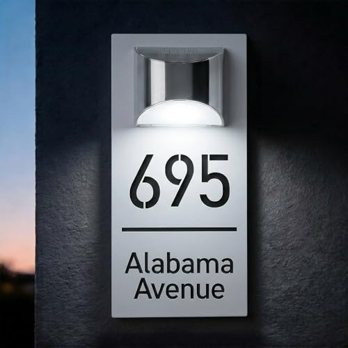 Números de Casa Exterior con Luz Solar LED – Placa de Acrílico Personalizable con Grabado Láser, Letrero para Puerta Exterior, Impermeable (4 Tamaños, 6 Fuentes, 12 Color)(Blanco-Negro)