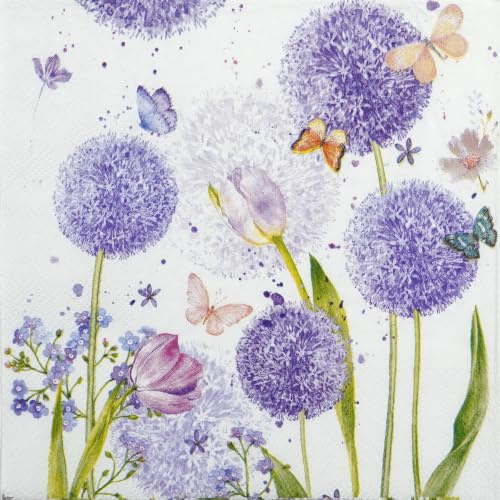 Ambiente Premium Paper Napkins Flower Beauty, 25 x 25 cm, 3-Ply Purple Allium & Tulip Cocktail Napkins with Butterflies for Spring Garden Parties & Decoupage, Pack of 20