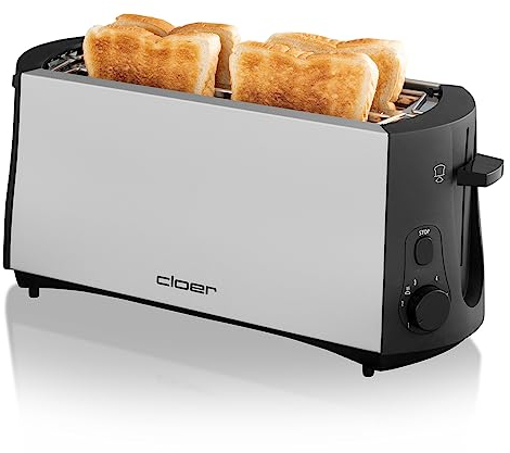 Cloer 3710 Tostadora de ranura larga para 4 tostadas, 1380 vatios, calentador de panecillos incluido, dispositivo post-elevado, bandeja para las migas, aislada térmicamente, metal