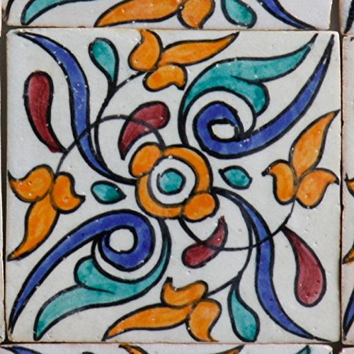 Handbemalte Fliesen 4er-Set – Bohemian-Ornament, 10 x 10 cm, glasiert, Ton, Wandfliesen für Küche, Bad & Gäste-WC