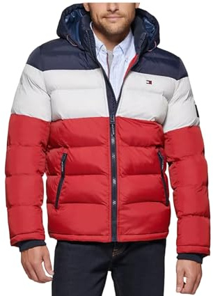 Tommy Hilfiger Men's Hooded Puffer Jacket, Midnight/White/Red, M