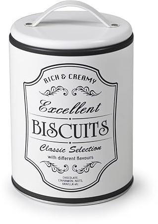 IBILI Bote Metálico para Galletas, Estilo Inglés, Color Blanco con Letras Negras, Tapa con Asa, 19 cm de Altura