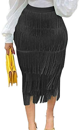 Nuoshang Falda midi con flecos de cintura alta para mujer